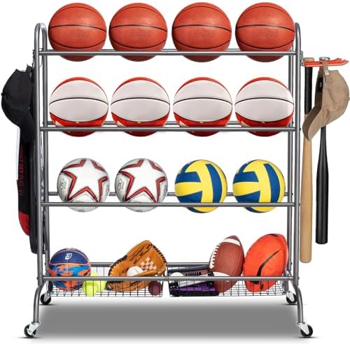 EXTCCT Basketball Rack with Wheels, 4 Tier Garage Ball Storage Organizer by EXTCCT