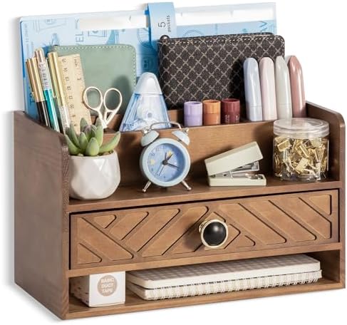 dreampossible Brown Wood Desk Organizer and Accessories with Drawer, Bill Mail Organizer and File Mail Holder for Office Supplies, Desk Accessories & Workspace Organizers by dreampossible