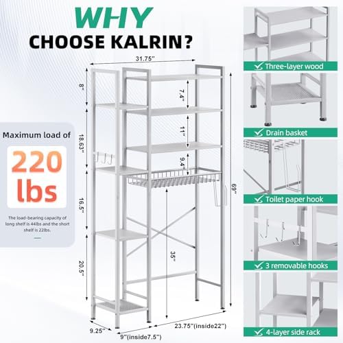 Kalrin 8-Tier Over The Toilet Storage with Side Rack, Over Toilet Storage Rack with Adjustable Shelf & Drain Basket, Freestanding Bathroom Organizer for Balcony, Laundry (Pure White) - Image 2