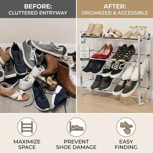 Large Capacity 4 Tier Shoe Rack, 16 Pairs Shoe Storage Organizer, Space-Saving Shoe Rack for Entryway, Free Standing Shoe Storage Shelves, Closet Shoe Organizer & Storage, Black Shoe Rack - Pack of 2 - Image 6