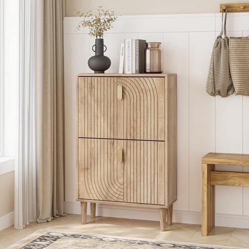 Shoe Cabinet Storage for Entryway with 2 Flip Drawers, Narrow Shoe Cabinet for Entryway, Hidden Slim Shoe Organizer Rack Cabinet (Natural, 23.6" W) by Morwdxef