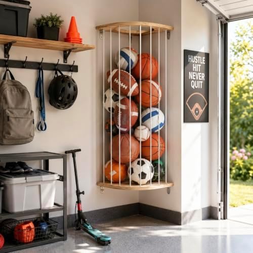 Garage Ball Storage Rack with Wood Frame, Wall Mount Corner Organizer - Image 3