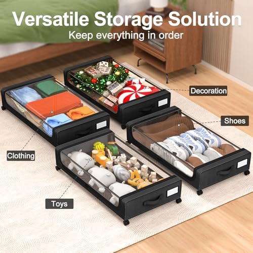 GoMaihe Under Bed Storage with Wheels 48L Black 4-Pack | Underbed Storage Containers with Lids Rolling Drawers & Bins for Shoes Clothes in Dorm Bedroom - Space-Saving Easy Pull-out - Image 6