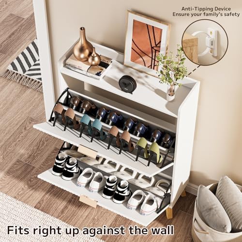 Slim Shoe Storage Cabinet for Entryway, 2 Flip Drawers Wooden Organizer with Fluted Panel, Secure Fence Top for Plants & Decor, Hidden Shoe Storage for Hallway & Foyer (White) - Image 4