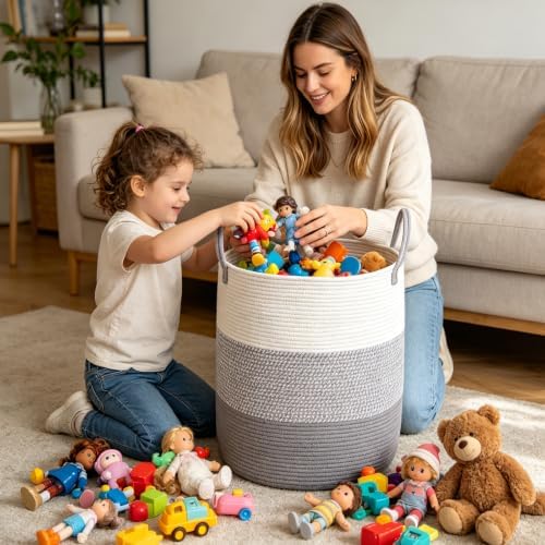 55L Woven Laundry Basket, Large Clothes Hamper with Handles- Grey - Image 4
