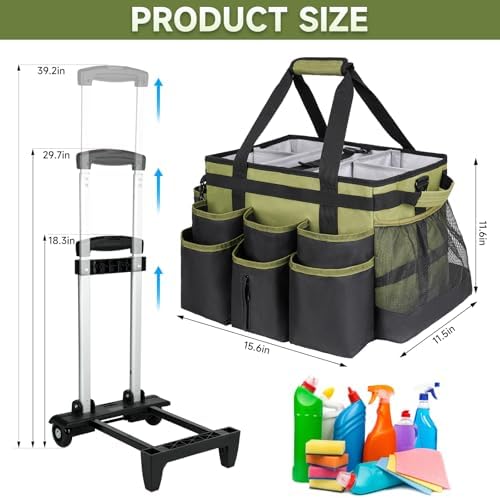 Large Rolling Cleaning Caddy Bag with Detachable Trolley,Cleaning Cart on Wheels with Shoulder Strap,Cleaning Supplies Organizer for Housekeepers,Green - Image 6