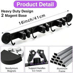 Magnetic Broom Holder Wall Mount - Heavy Duty Non-Slip Mop Hanger with 4 Hooks And 3 Rack, No Drill Tool Organizer for Refrigerator,Garage,Laundry Room (Black, 3Racks 4Hooks) - Image 2