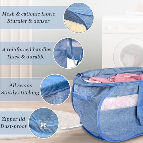 Upgraded 100L Extra Large Mesh Pop Up Laundry Hamper with Lid and Handles. XL Closet Storage Bins, Dirty Clothes Basket for Dorm Home, Foldable Laundry Basket. Blue. H - Image 5