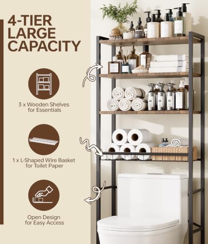 4-Tier Over-the-Toilet Storage Rack with One-Piece Wooden Shelves & Open Net Basket, Bathroom Organizer with Adjustable Feet & Anti-Tip Kit, Space-Saving Toilet Shelf, Brown, 24.4" x 9.4" x 69.3" - Image 5