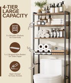 4-Tier Over-the-Toilet Storage Rack with One-Piece Wooden Shelves & Open Net Basket, Bathroom Organizer with Adjustable Feet & Anti-Tip Kit, Space-Saving Toilet Shelf, Brown, 24.4" x 9.4" x 69.3" - Image 5