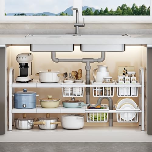 Under Sink Organizer，2 Tier Expandable Heavy Duty Metal Shelf，with 5 Removable Panels and 5 Storage Basket for Under Kitchen Bathroom Sink Organizers and Storage(White, Large) by Unknown