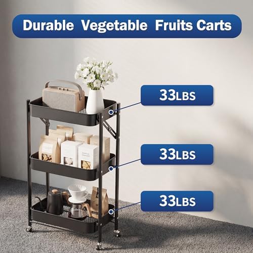 JAQ 3-Tier Foldable Rolling Cart with Wheels, No Assembly Required Metal Storage Cart, 26.8" Low Profile Under Desk Organizer, 10" Wide Narrow Utility Cart for Small Spaces, Black - Image 2