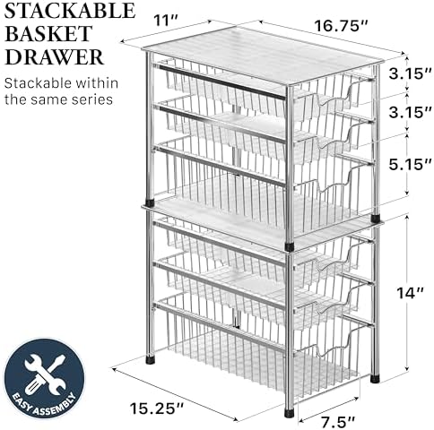 Simple Houseware Stackable 3 Tier Sliding Basket Organizer Drawer, Chrome - Image 2