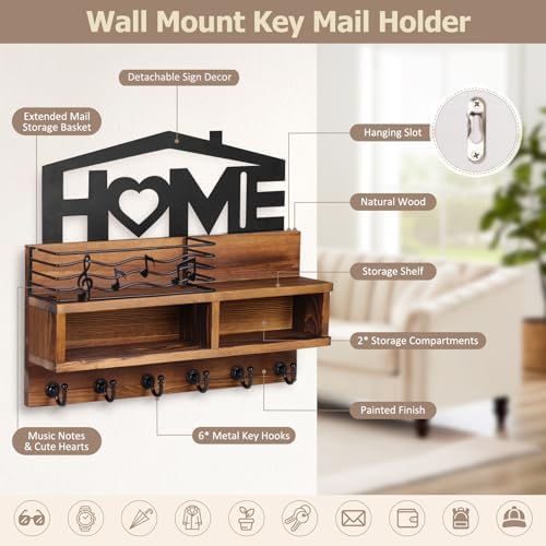 VIS'V Key Holder Wall Mount, Decorative Wood Mail and Key Organizer, Brown - Image 3