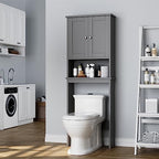 Over the Toilet Storage Cabinet, Bathroom Storage Cabinet Over Toilet with 2 Wood Doors, Freestanding Space Saver, Adjustable Shelf & Open Shelf, Grey - Image 3