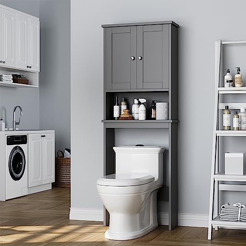 Over the Toilet Storage Cabinet, Bathroom Storage Cabinet Over Toilet with 2 Wood Doors, Freestanding Space Saver, Adjustable Shelf & Open Shelf, Grey - Image 3