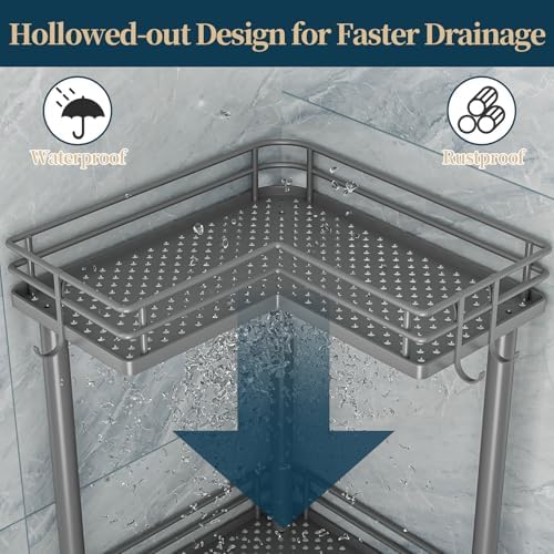Consumest Corner Shower Caddy Standing - 3-Tier Stainless Steel Shower Organizer with Soap Holder and 4 Hooks, Large Capacity Corner Shelf Stand for Bathroom, Rest Room, Grey - Image 4