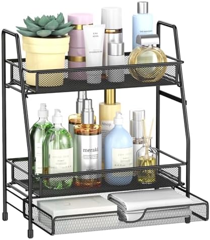 2-Tier Bathroom Counter Organizer with Drawer, Bathroom and Makeup Organizer Countertop, Easy to Install, Ideal for Bathroom organizer, Vanity, Large Skincare, Perfume, Present, and More,Black by THENNIKIGO