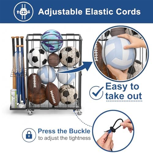 Garage Ball Storage Rack with Wheels, Metal Sports Ball Holder - Image 4