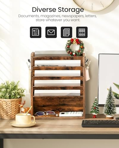 CHOEZON Wall File Organizer, 6-Tier Vertical Mount Hanging Holder with 2 Side Hooks, Vintage Wooden Magazine Storage Crate with Bottom Flat Tray, Desk Organizer, for Office, Home, Rustic Brown MWJ01FG - Image 6