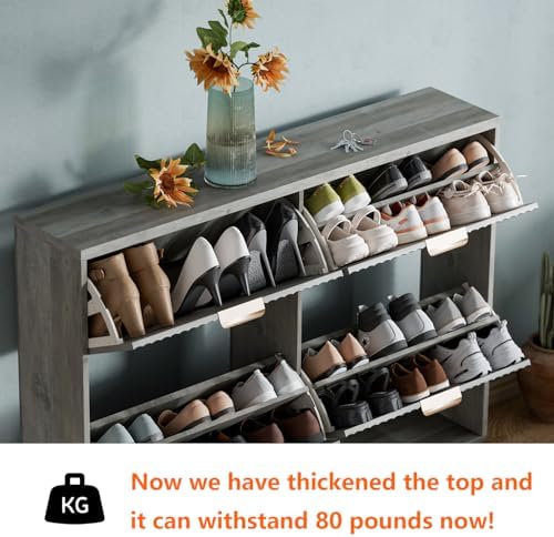 Shoe Cabinet Storage,Modern Freestanding Organizer with 4 Flip Drawers,Narrow Shoe Rack Cabinet for Entryway,Grey - Image 4