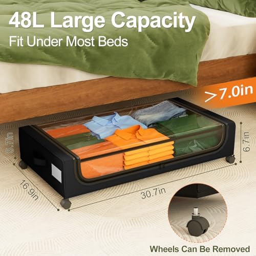 GoMaihe Under Bed Storage with Wheels 48L Black 4-Pack | Underbed Storage Containers with Lids Rolling Drawers & Bins for Shoes Clothes in Dorm Bedroom - Space-Saving Easy Pull-out - Image 3