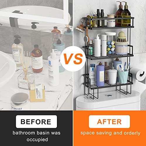 FLOLXNB Over The Toilet Storage Shelf, 3-Tier Bathroom Storage Organizer Upgrade Punch-Free Toliet Storage Shelf, Home Storage Rack with Hooks Shelf,Black - Image 3
