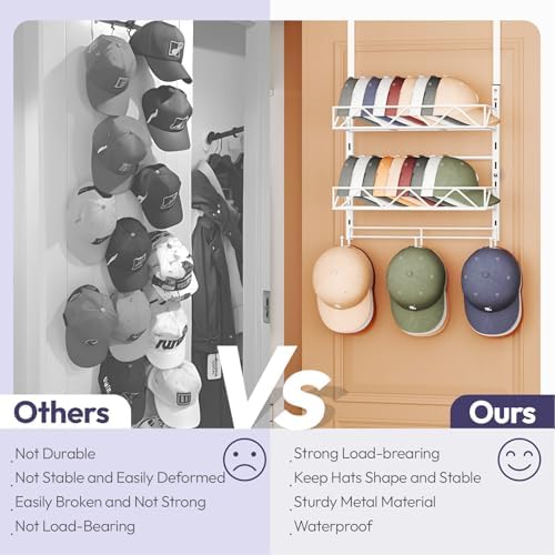 SWTYMIKI Over Door Hat Organizer - 3 Tier Wall Mounted Hat Rack with 2 Adjustable Metal Basket and 3 Hooks, Hanging Baseball Cap Organizer Storage Holds up to 29 Caps for Door, Bedroom, Closet - Image 4