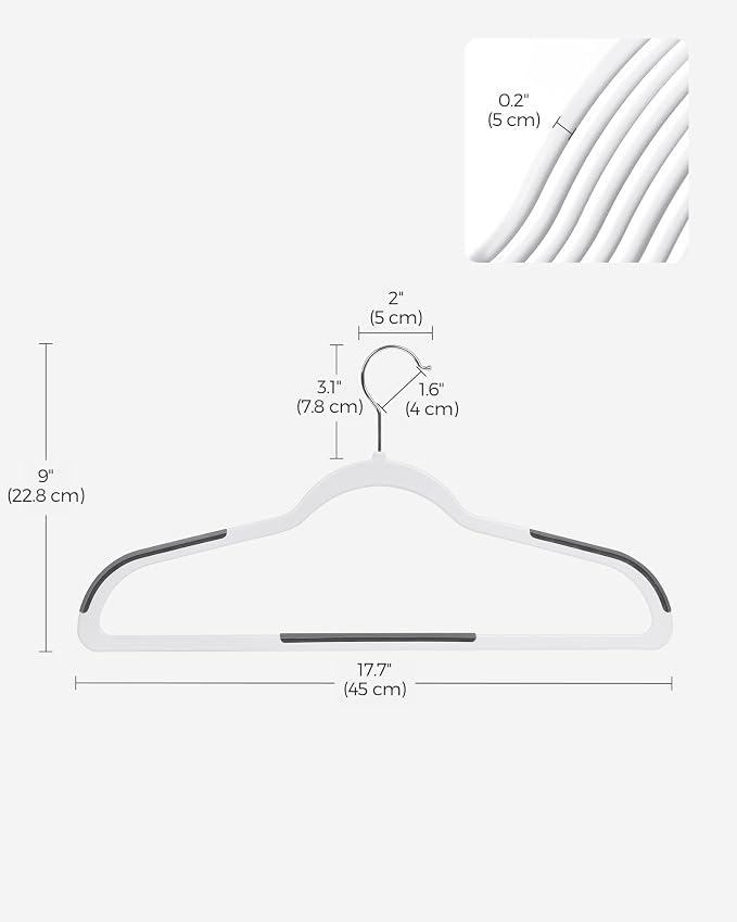 SONGMICS Plastic Clothes Hangers, Pack of 30, Space-Saving | 0.2 Inches Thick, 17.7 Inches Wide, 360° Swivel Hook, White and Dark Gray, BREANNA Collection UCRP050W03 - Image 6