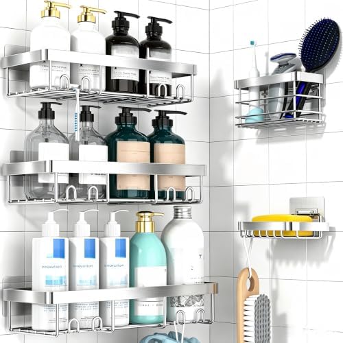 Moforoco Adhesive Shower Caddy Organizer Shelves Rack - 5 Pack Corner Bathroom Storage Organization, Home & Kitchen Decor Inside RV Accessories, Hanging First Apartment Household Camper Essentials by MOFOROCO