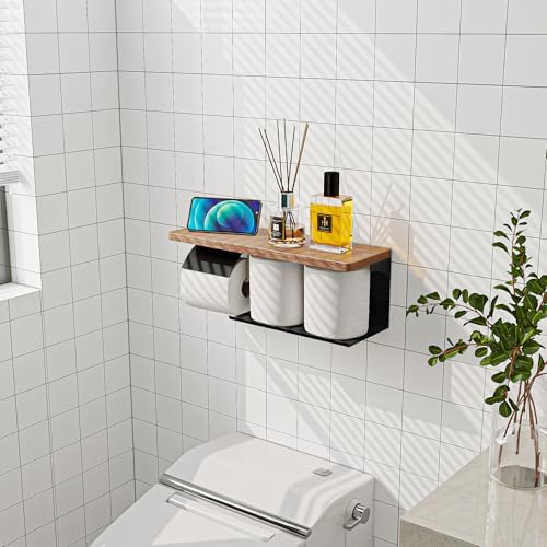 Double Toilet Paper Holder with Wide Solid Wood Shelf - Image 3