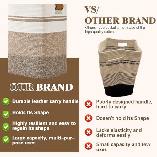 Laundry Hamper, 75L Tall Laundry Basket with Leather Handles, Rectangle Large Clothes Hamper for Organizing, Cotton Woven Laundry Baskets Storage Hampers for Bedroom, Nursery, Living Room - Image 4