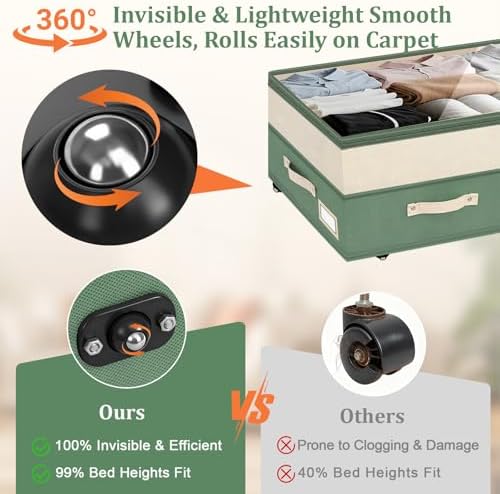 Dolicer 2 Pack Under Bed Storage with Wheels, 6in-10in Height Adjustable Underbed Storage Containers, 92L XXXL Under Bed Drawers Rolling Bin with Clear Lids for Dorm Shoes Clothes Organizers(Green) - Image 4
