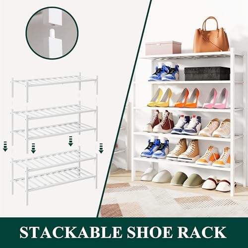 Smiry Bamboo Shoe Rack, 12 Vertical Slats, 3 Tier - 26.8" Wide, White - Image 4