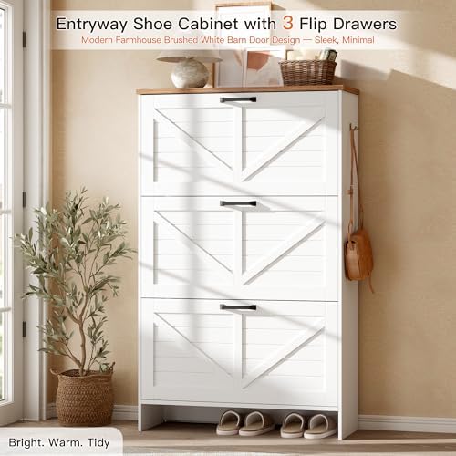 Nicetree Shoe Cabinet, 3 Flip Drawers & Adjustable Shelves, Ultra Slim Freestanding (9.1” Deep), Holds 30 Pairs, Narrow Shoe Storage Cabinet with Anti-Tip Safety, Modern Farmhouse White Walnut - Image 3