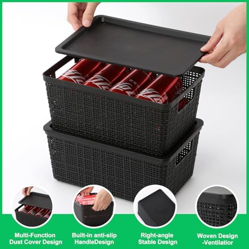 6 Pack Plastic Storage Baskets with Lid,Black Stackable Bins - Image 4