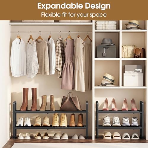 SAYZH Expandable Shoe Rack for Closet, Adjustable Metal Shoe Organizer with Sturdy Mesh Shelves for Boots & Heels, Stackable Shoe Storage for Entryway, Garage, Small Spaces (Black, 2-Tier) - Image 4