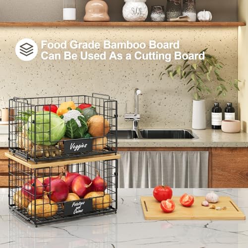 2 Pack Stackable Wire Baskets with Bamboo Top,Pantry Organizers Counter - Image 3