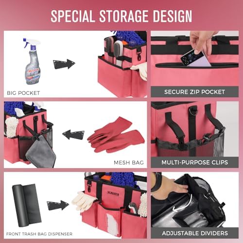SCAVATA Wearable Cleaning Caddy Bag, Cleaning Caddy Supplies Organizer with Handle & Shoulder Straps for Housekeepers, Under Sink & Car Cleaning Tool Organizers with 4 Foldable Divider (RoseRed) - Image 2