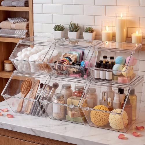 Yerliker 6 Pcs Clear Plastic Storage Bins with Lids Stackable Pantry Storage Organizer Kitchen Cabinet Organizers Ideal Containers for Coffee Pod Tea Sugar Bag Cabinet Home (Large+extra Large) - Image 5
