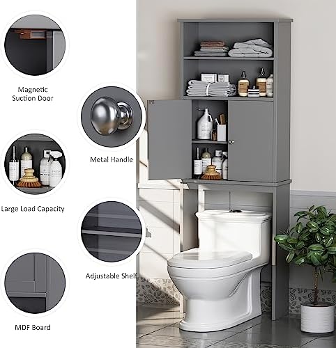 Over the Toilet Storage Cabinet for Bathroom, 75in Over Toilet Cabinet Freestanding Storage Organizer, Space Saver with Doors and Adjustable Shelf, Grey - Image 6