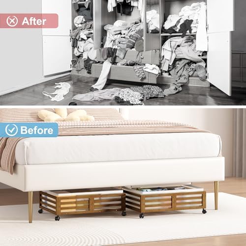 Under Bed Storage with Wheels-Large Bamboo Underbed storage Containers with Large Dust Bag Stackable Under the Bed Shoe Storage Bins for Clothes Books Bedding (2 Packs walnut, 23.62"L×16.54"W× 6.51"H) - Image 7