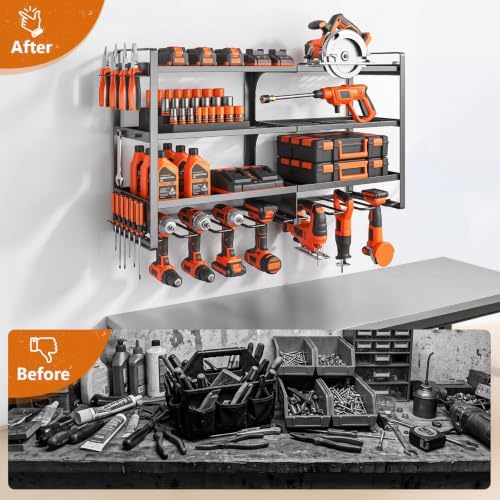 Large Power Tool Organizer Wall Mount,4 Layer Heavy Duty Metal Tool Storage Rack Loads 300lbs with 8 Cordless Drill Holder, Utility Rack Loads, Garage Storage, Gift for Men - Image 5