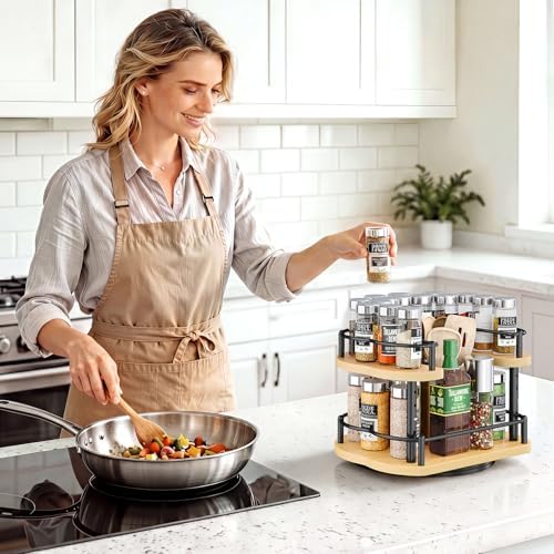 SNTD Lazy Susan Spice Rack Organizer for Cabinet, Wood, Natural, 12 in - Image 2
