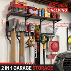 Garage Wall Organizer with Storage Shelves, 48" Garden Tool Organizer with Shelving Units and Hooks Hangers, Heavy Duty Metal Shelf with Shovel Rake Holder, Garage Organization Rack for Yard Shed Lawn - Image 2