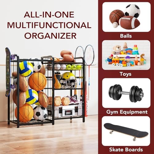 Homsorout Garage Sports Equipment Organizer, Ball Storage for Gear and Toys, Large Capacity, Sports Organizer for Garage with Hooks and Baskets - Image 3