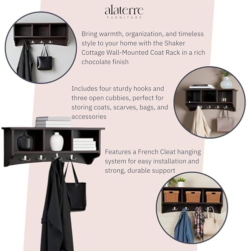 Shaker Cottage Wall-Mounted Coat Rack with 3 Storage Cubbies and Hooks – Hanging Wall Organizer for Entryway, Mudroom, or Hallway, Space-Saving Wall Shelf, 36" W x 9" D x 14" H (Chocolate Finish) - Image 4