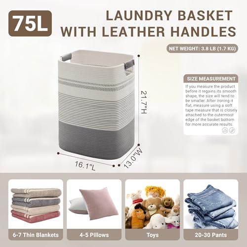 75L Tall Woven Laundry Basket Hamper with Leather Handles,Grey - Image 2