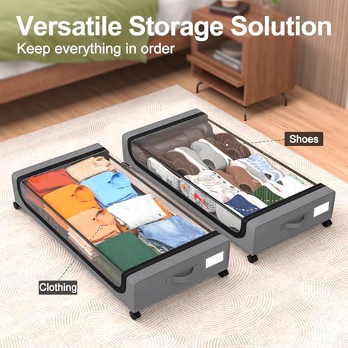GoMaihe Under Bed Storage with Wheels 70L Grey 2-Pack | Rolling Bins for Shoes Clothes in Dorm Bedroom - Metal Drawers Easy Pull-out - Image 6