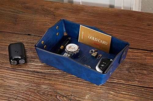 Leather Bedside Storage Tray - Jewelry Organizer for Girl's Key, Wallet, Coin Box - Travel PU Valet Tray (Dark Blue) - Image 3